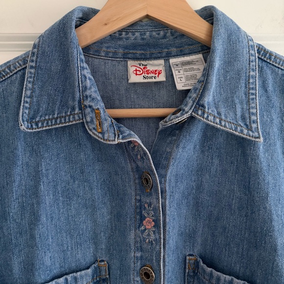 Vintage Disney Store WInnie the Pooh Embroidered Denim Shirt Floral 90s Y2K Sz L - Picture 5 of 16